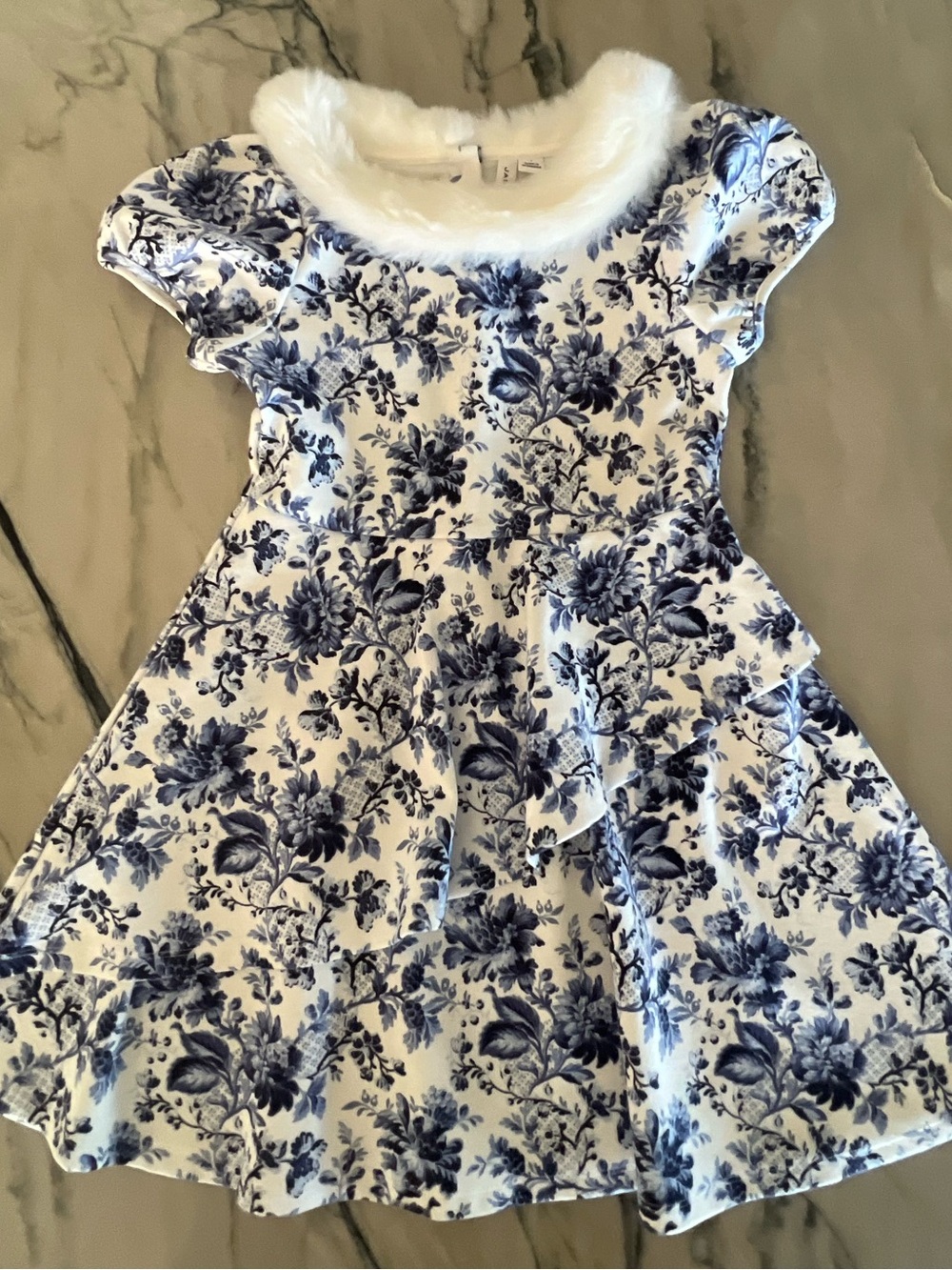 Janie and Jack Blue and White Floral Dress with Faux-Fur Collar